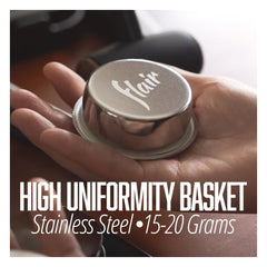 Flair 58 High Uniformity Portafilter Basket in palm with wording