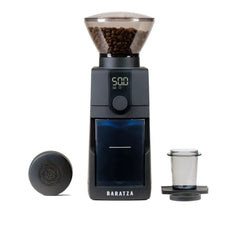 Black Baratza Encore ESP Pro electric coffee grinder with hopper, dingle dose cap and accessories