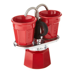Bialetti Mini Express Red 2-cup with 2 red Biccerrini Cups angled