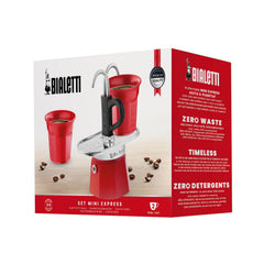 Bialetti Mini Express Red 2-cup with 2 red Biccerrini Cups packaging