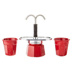 Bialetti Mini Express Red 2-cup with 2 red Biccerrini Cups on the side