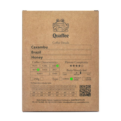 Box of Quaffee Brazilian Caxambu Arara Honey process coffee beans