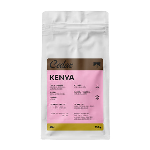 250g bag of Cedar Kenya Kiamwangi Natural coffee beans