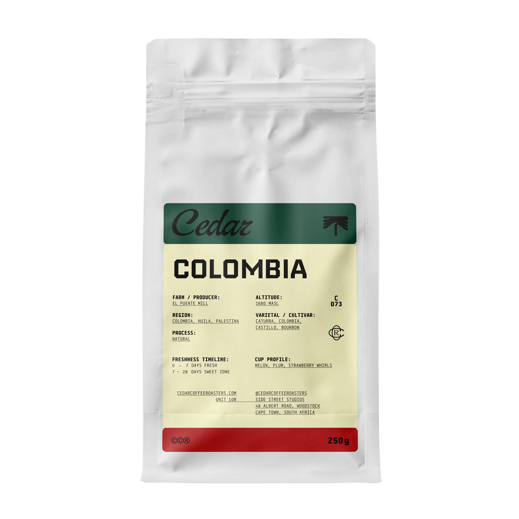 Bag of Cedar Colombia El Puente Natural coffee beans