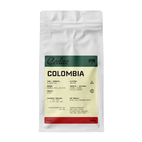 Bag of Cedar Colombia El Puente Natural coffee beans
