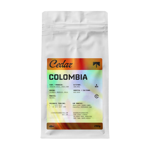 250 gram bag of Cedar Colombia Zarza Anaerobic Natural coffee beans