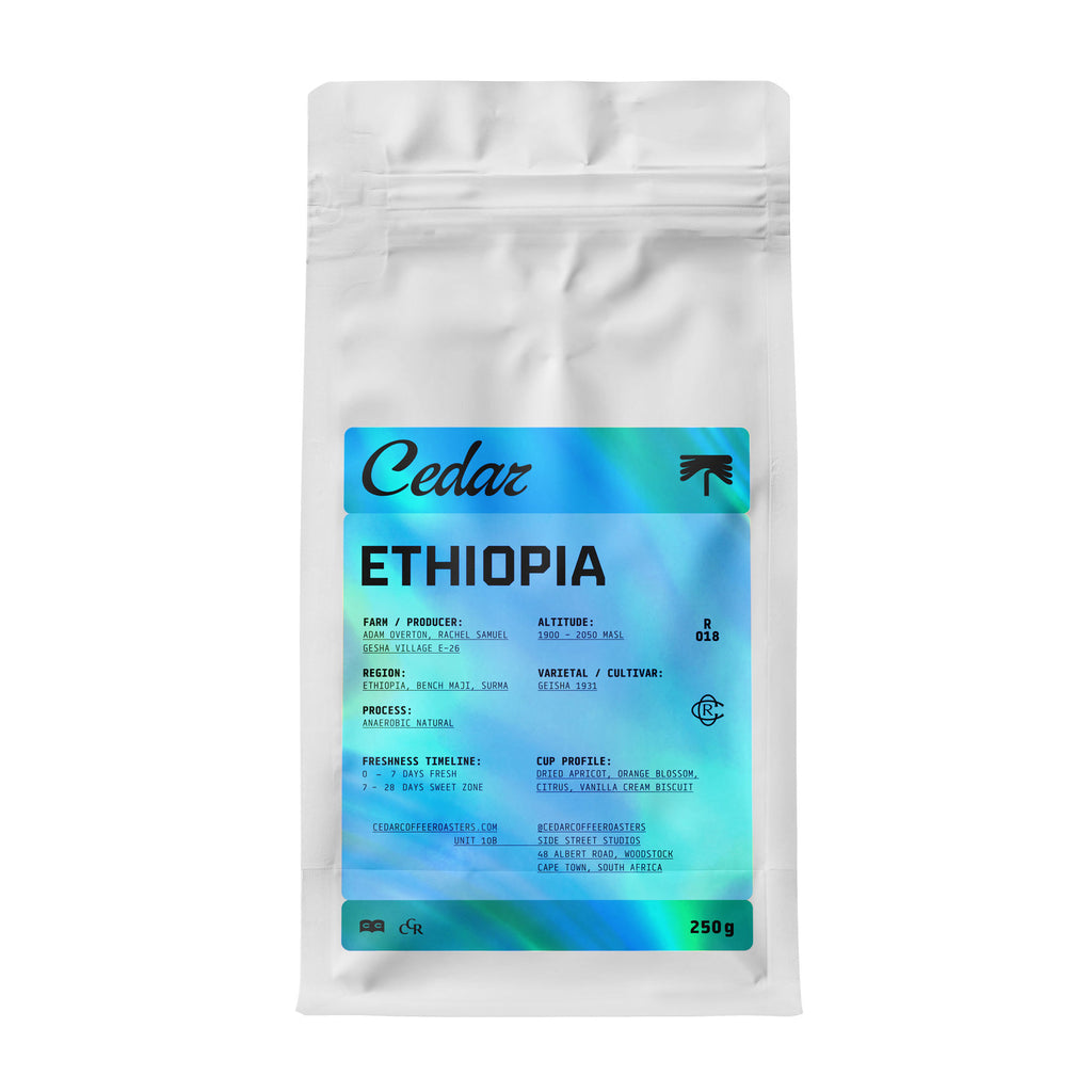 Bag of Cedar Ethiopia Gesha Village E-26 Anaerobic Natural coffee beans