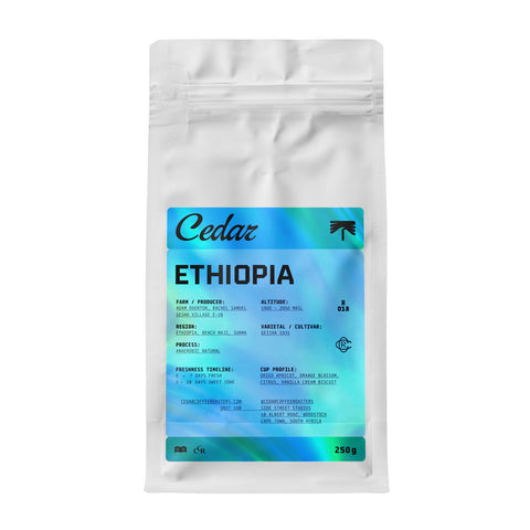 Bag of Cedar Ethiopia Gesha Village E-26 Anaerobic Natural coffee beans