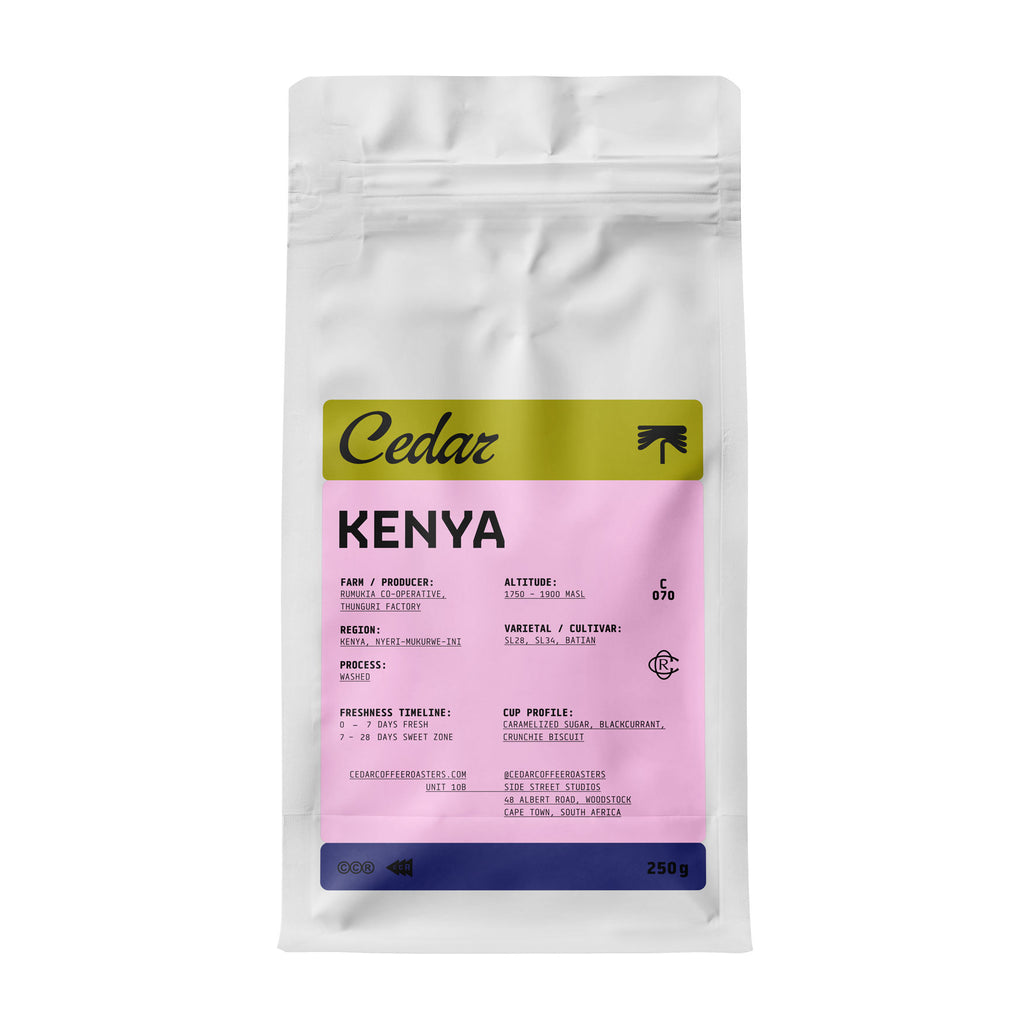 250g bag of Cedar Kenya Thungari AB Washed coffee beans