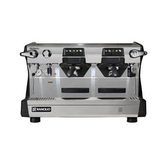 Rancilio Classe 5 USB Crono 2 Group Tall espresso machine with black side panels, front view.