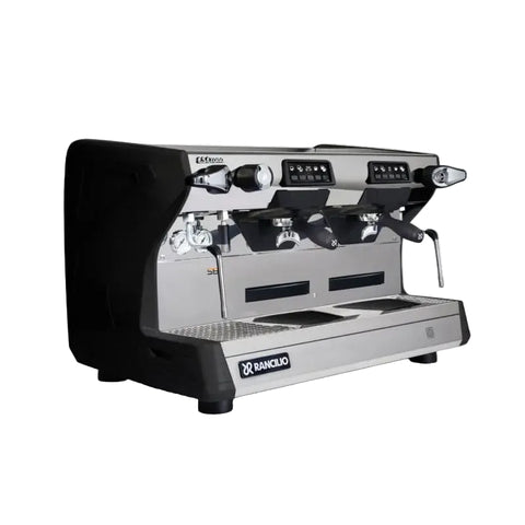 Rancilio Classe 5 USB Crono 2 Group Tall espresso machine in black, three-quarter front view.