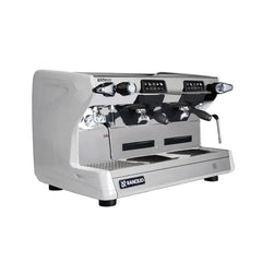 Rancilio Classe 5 USB Crono 2 Group Tall espresso machine in white, three-quarter front view.