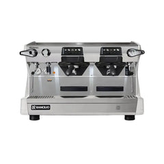 Rancilio Classe 5 USB Crono 2 Group Tall espresso machine with white side panels, front view.