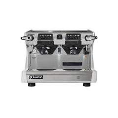 Rancilio Classe 5 USB Crono 2 Group Compact Tall espresso machine with white side panels, front view.