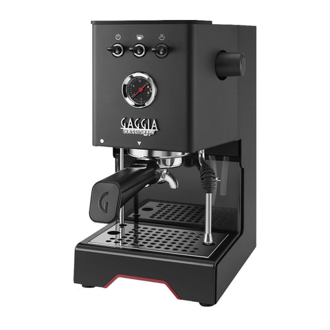 Gaggia Classic UP espresso machine in black with portafilter, steam wand and pressure gauge.