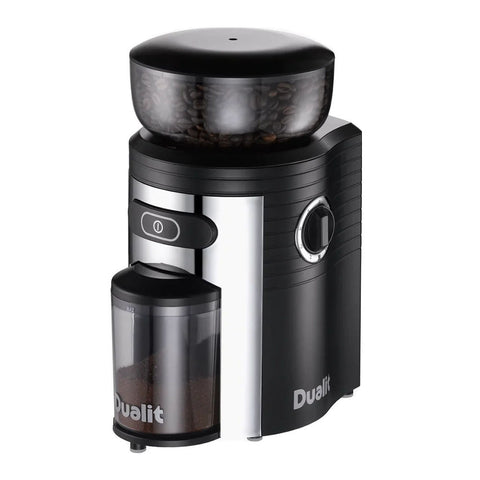 Dualit Electric Burr grinder angled to the left on full white background