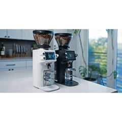 Black & White Mahlkönig E64 WS GbS Home Espresso Grinder in kitchen from an angle