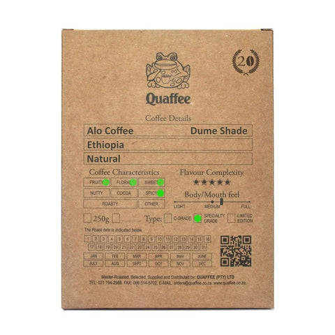 Box of Quaffee Ltd Reserve Ethiopian Alo Dume Shade Natural coffee beans
