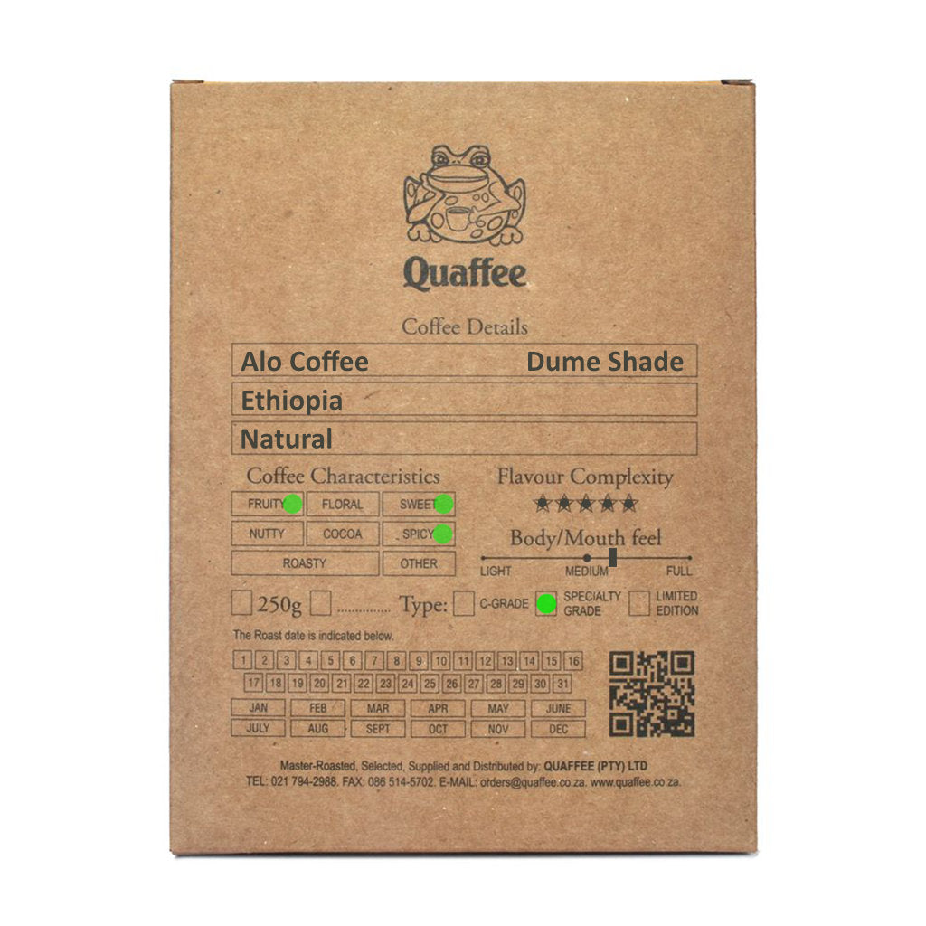 Box of Quaffee Ltd Reserve Ethiopian Alo Dume Shade Natural coffee beans