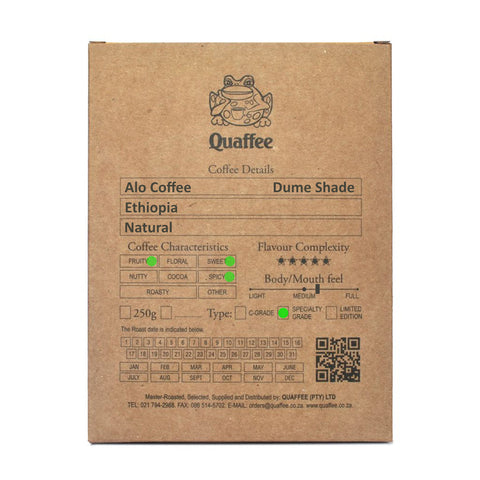 Box of Quaffee Ltd Reserve Ethiopian Alo Dume Shade Natural coffee beans