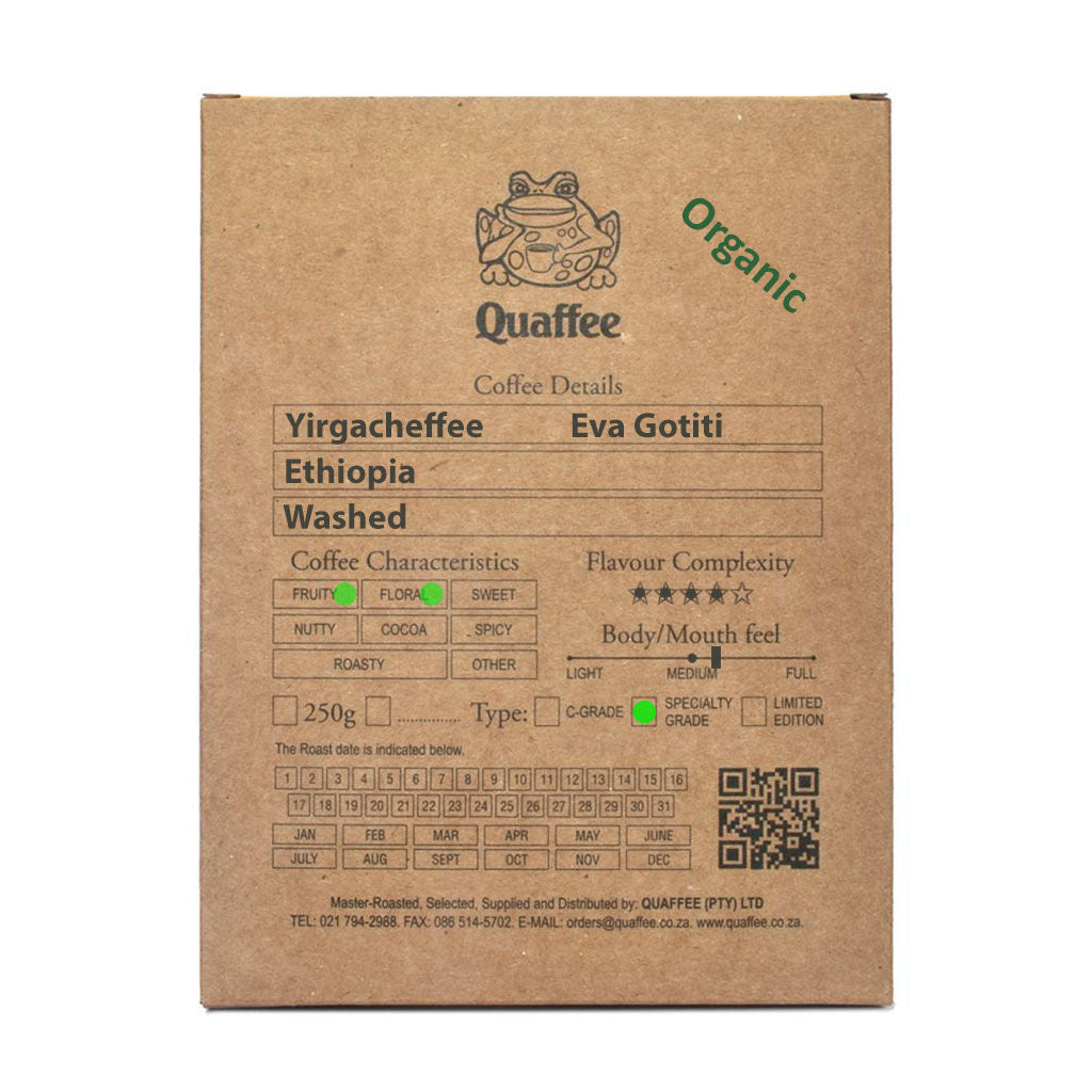 250 gram box of Quaffee Ethiopian Yirgacheffee Eva Gotiti Washed