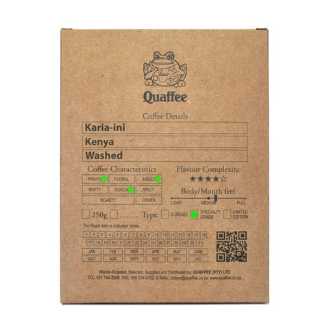 250 gram box of Quaffee Kenya Karia-Ini coffee beans