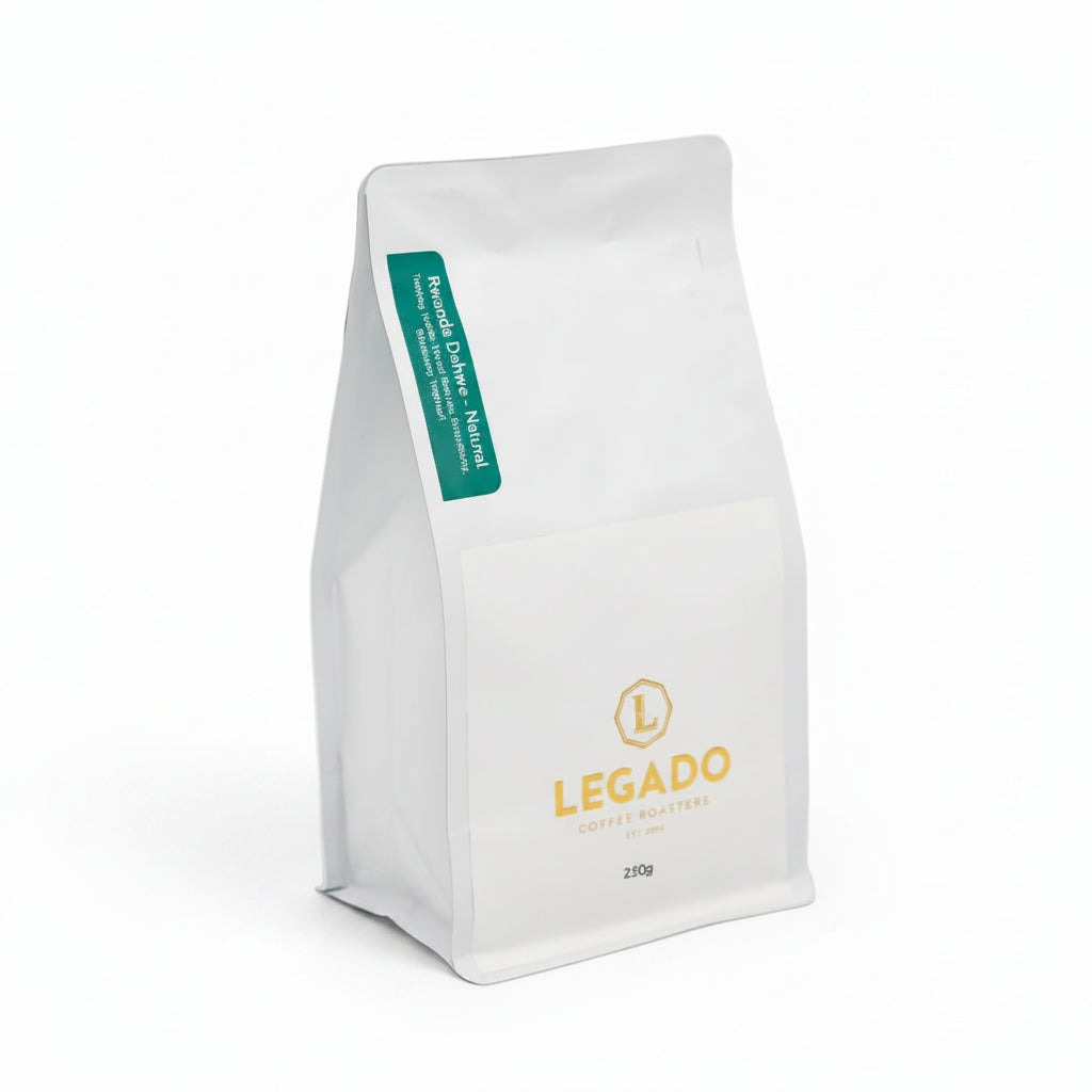 250 gram bag of Legado Rwanda Dahwe Natural coffee beans