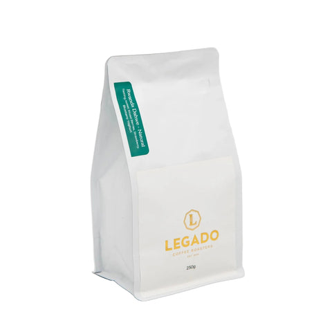 250 gram bag of Legado Rwanda Dahwe Natural coffee beans