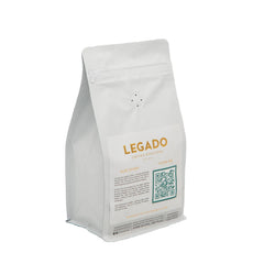 Back of 250 gram bag of Legado Rwanda Dahwe Natural coffee beans