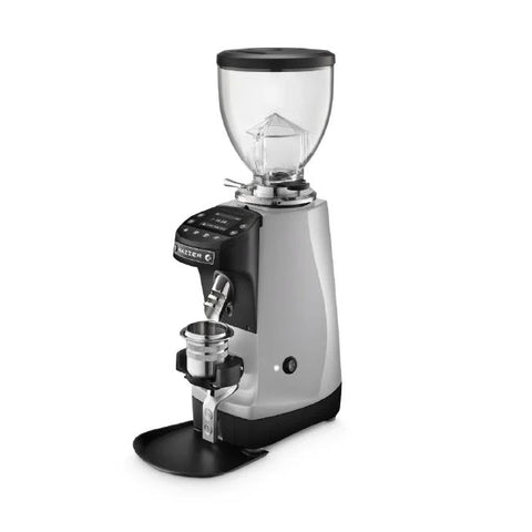 Silver Mazzer Mini Grind by Weight espresso grinder angle view
