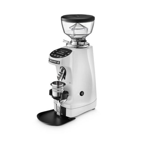 Silver Mazzer Mini Grind by Weight espresso grinder angle view