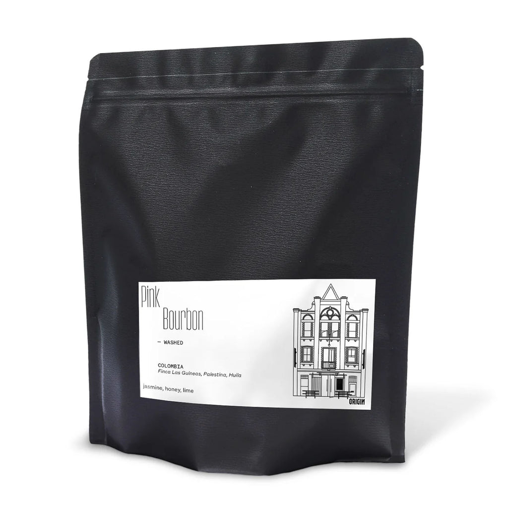 250 gram bag of Origin Colombia Pink Bourbon Washed coffee beans
