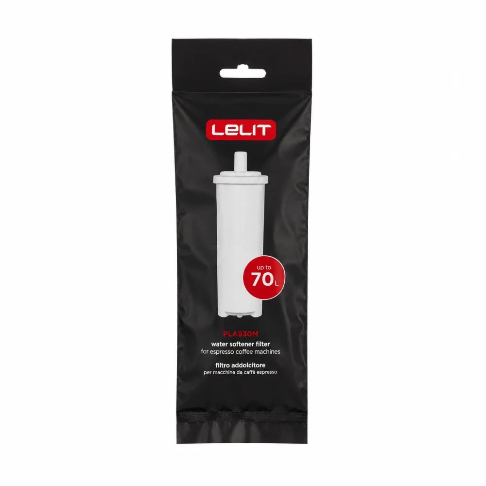 Lelit PLA930M 70L water softener filter in black retail packaging.