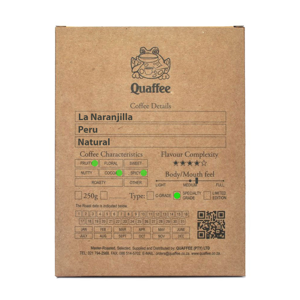 Brown box of Quaffee Peru La Naranjilla coffee