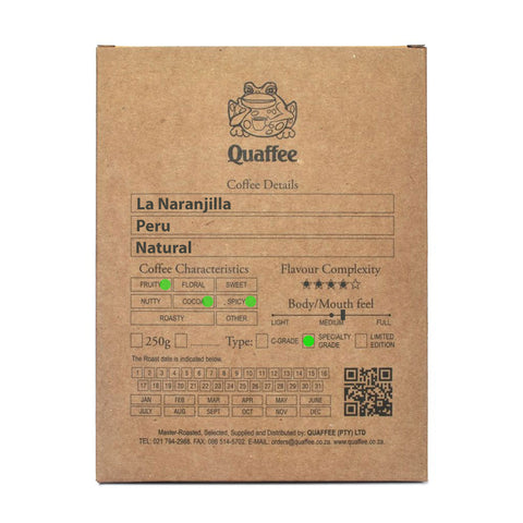 Brown box of Quaffee Peru La Naranjilla coffee