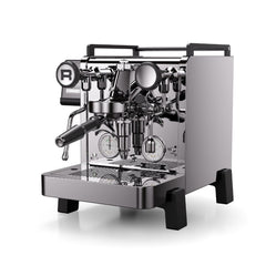 Three-quarter view of the Rocket R58 TUNE espresso machine showing the portafilter, wands and stainless steel side panel.