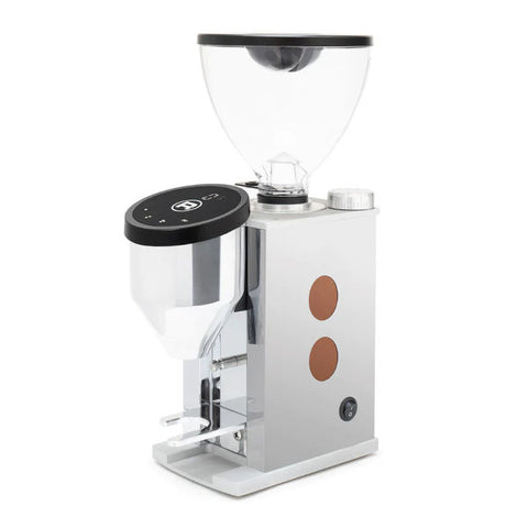 Rocket Faustino 3.1 on demand coffee grinder facing left chrome and copper