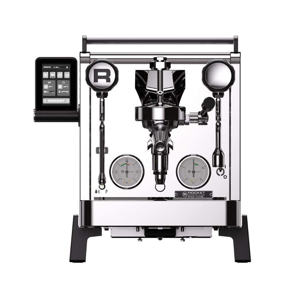 Front view of the Rocket R58 TUNE espresso machine with touchscreen, twin pressure gauges and polished steel body