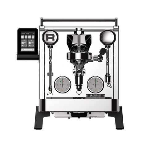 Front view of the Rocket R58 TUNE espresso machine with touchscreen, twin pressure gauges and polished steel body