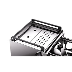 Close-up of the Rocket R58 TUNE stainless steel cup warmer, retaining rails and reservoir access cover.