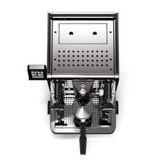 Overhead view of the Rocket R58 TUNE espresso machine showing the cup warmer, touchscreen and portafilter.