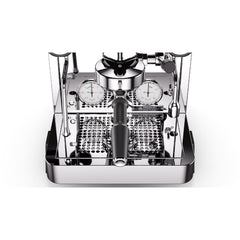 Close-up of the Rocket R58 TUNE drip tray, portafilter, twin pressure gauges and steam and hot water wands.