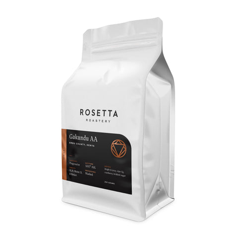 Bag of of single origin Kenyan Gakundu AA coffee beans roasted by Rosetta