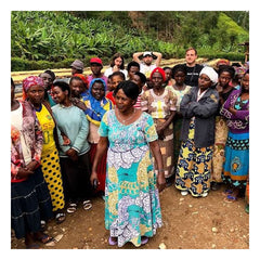 Group gathered outdoors beside coffee drying beds