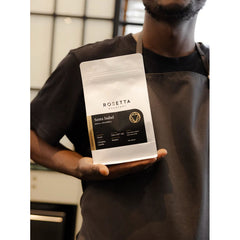 Rosetta Roastery Santa Isabel coffee bag with barista