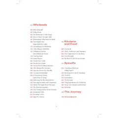 Contents page listing chapters under Wholesale, Kitchens and Food, Spinoffs, and The Journey.