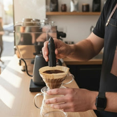 Nucleus Bloom Tool preparing pour over bed of coffee in cafe