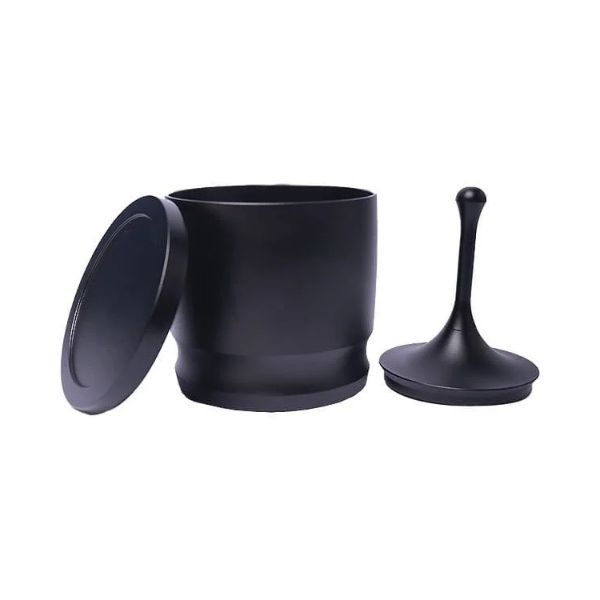 Black Brew Tool Blind Coffee Shaker with lid and removable stemmed base displayed beside the open cup.