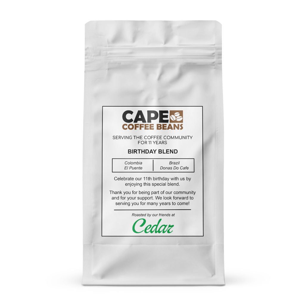 Cape Coffee Beans birthday blend bag roasted by Cedar