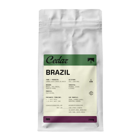 White 250g bag of Cedar Brazil Fazenda Caxambu coffee